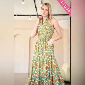 Plus Floral Tie Halter Neck Ruffle Midi Dress